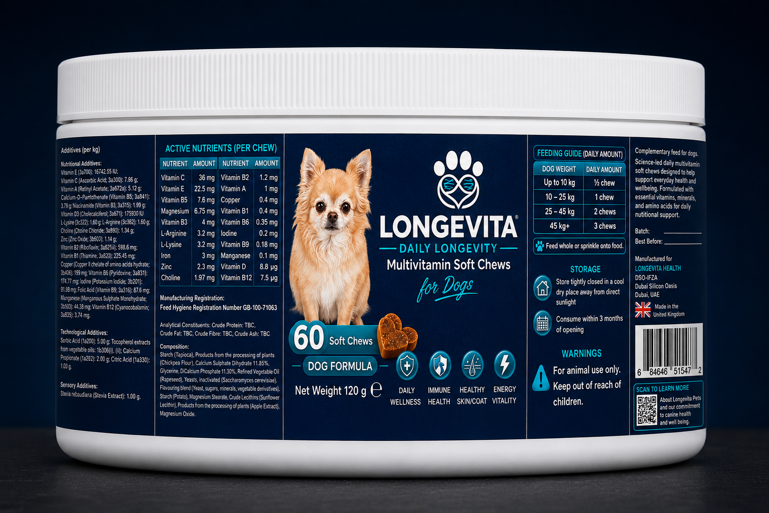 Full label and nutritional information on the Longevita dog chews container
